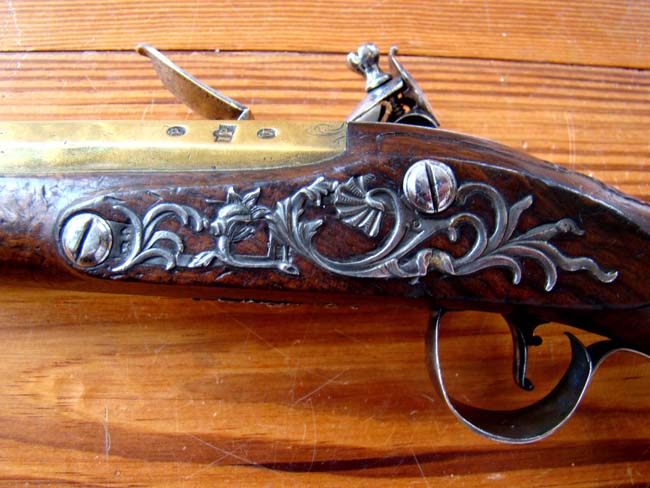 A Revolutionary War period silver mounted brass barreled flintlock Naval officer's pistol — image 3